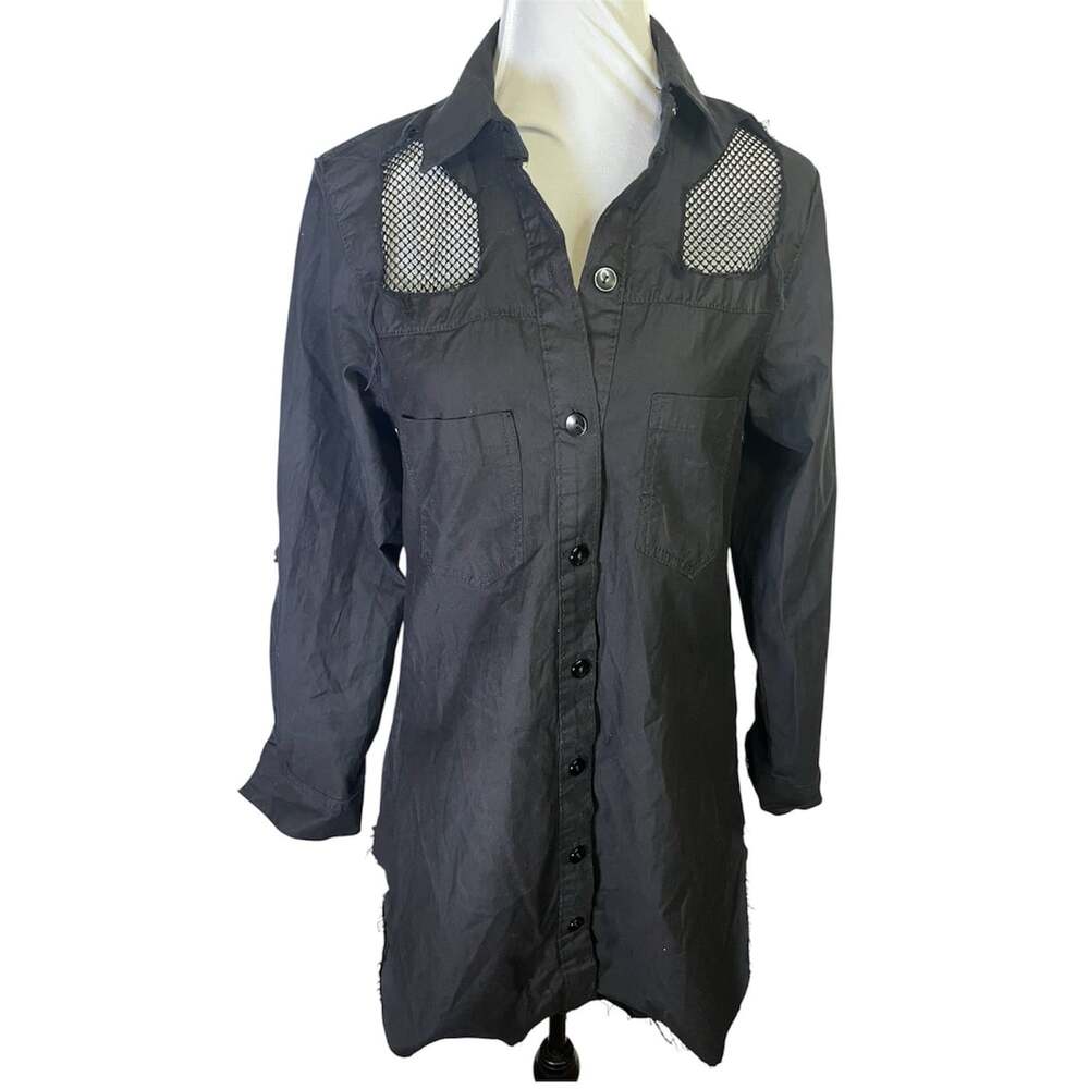 Thrill Button Up Mesh Cutout Top Sz S Zombie Alternative Raw Hem High Low Black